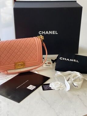 New CHANEL Boy New Medium Shoulder Bag in Coral Pink with Gold Hardware